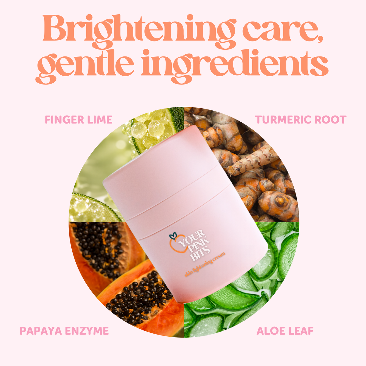 A pink cosmetic jar labeled 'YOUR PINKK BITS' centered inside a circular graphic with ingredient callouts including finger lime, turmeric root, papaya enzyme, and aloe leaf, under the headline 'Brightening care, gentle ingredients' on a pale pink background.